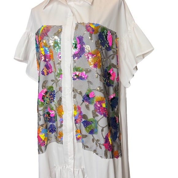 # A230   Nancy  Resort Chic  White Sequin Floral   Shirt Dress  NWT  S - Picture 2 of 8